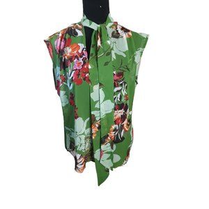 7th Avenue Design Studio NY & Co Floral Tropical Sheer Tie Neck Blouse Women S